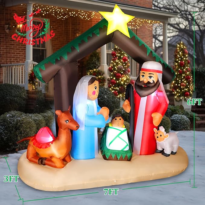 7FT Christmas Inflatable Nativity Scene with Baby Jesus, Parents, Donkey, Sheep, Star, Blow Up Manger Set Indoor & Outdoor Decorations, Built-in LED Lights for Garden, Lawn, Yard, Christmas Parties