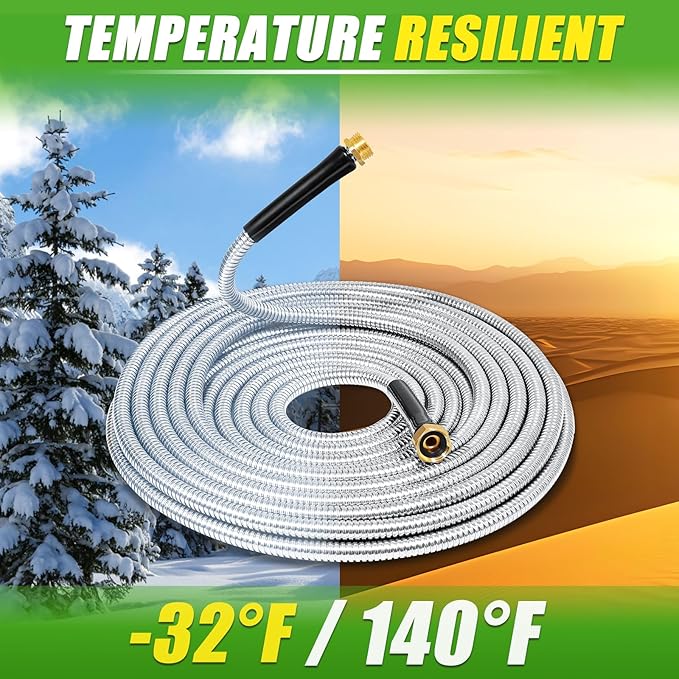 TOOLCY 25 FT Metal Water Hose Stainless Steel Garden Hose with Brass Nozzle - Heavy Duty, No Kink, All Weather, Super Flexible Garden Hoses for Outdoor, Lawn
