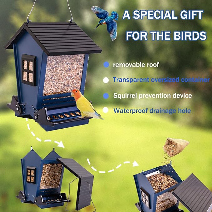 LSCQYYCCSquirrel Proof Bird Feeders for Outdoors Hanging, 5LB Capacity Metal Wild Birdfeeders Outside Hanging,Large Feeder That Attracts Cardinals, Chickadees, and More Birds-One in Blue