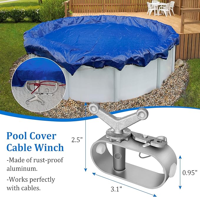 Belleone Swimming Pool Cover Cable and Winch Kit - 100ft Plastic-Coated Steel Pool Cover Wire & Aluminum Spring Loaded Pool Cover Ratchet for Above Ground Swimming Pool Winter Safe