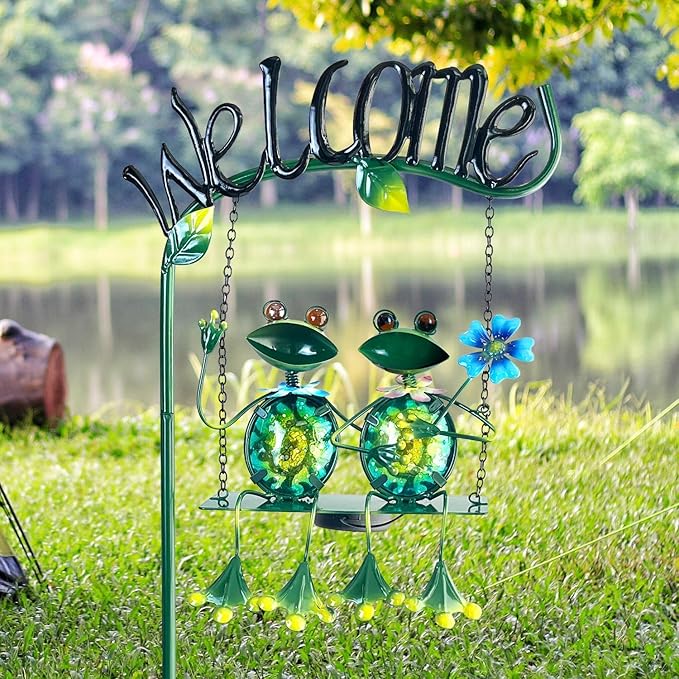 HONGLAND Outdoor Garden Solar Lights,Frog Swing Garden Decor,Frog Decorative Stake with Welcome Sign for Landscape Patio Yard (48 inch)