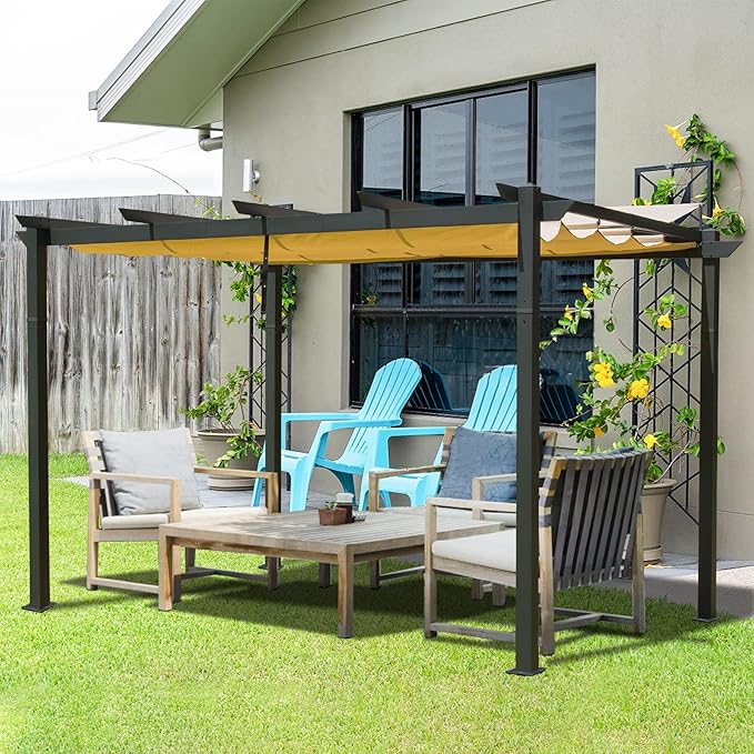 Domi Outdoor Living 9’ x 13’ Outdoor Retractable Pergola Against The Wall with Weather-Resistant Canopy Aluminum Garden Pergola Patio Grill Gazebo for Courtyard(Beige Canopy)