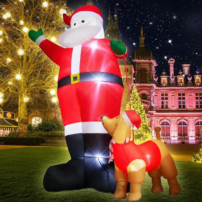 12 Foot Inflatable Christmas Santa Claus with Dog Outdoor Decoration LED Lights Blow up Santa Claus for Lawn Garden Christmas Party Holiday Decor Easy Setup and Storage