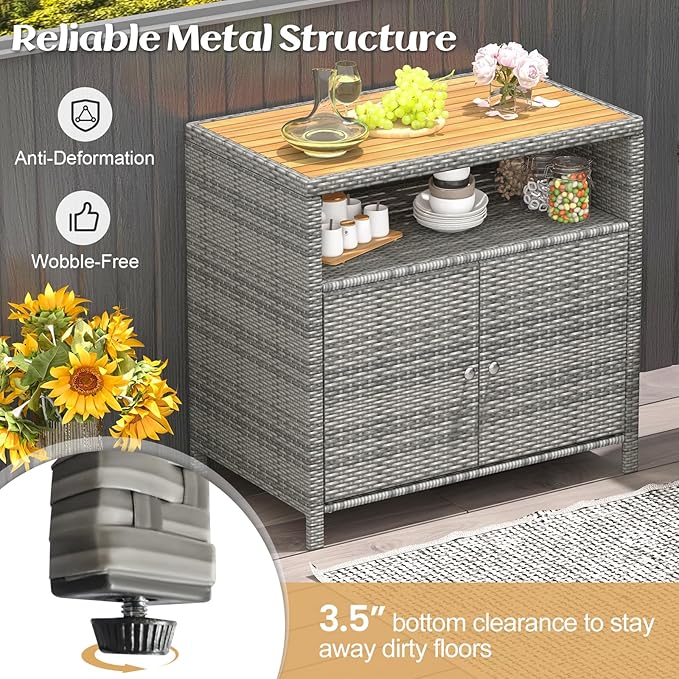 RELAX4LIFE Wicker Outdoor Bar Cabinet - PE Rattan Patio Bar Table w/Acacia Wood Countertop, Open Shelf & 2 Doors, Buffet Sideboard Organizer for Garden Backyard Pool, Outside Storage Cabinet (Grey)