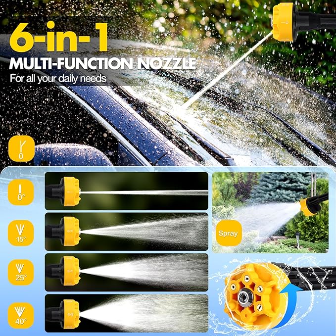 Cordless Pressure Washer, 600PSI Portable Power Washer with 6-in-1 Nozzle & Foam Cannon, 21V Battery Powered Cordless High Pressure Washer Gun, Handheld Pressure Washers for Car, Patio, Home
