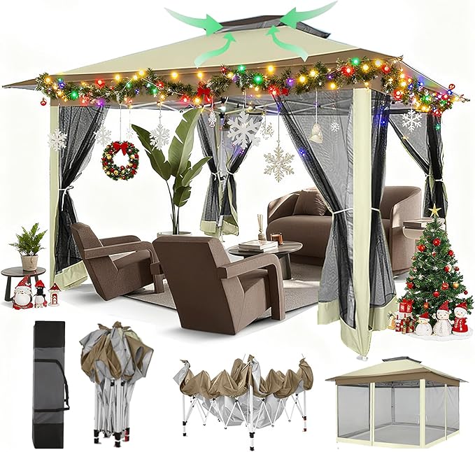 COBIZI 12x12 Pop Up Gazebo On Clearance - Upgrade Easy Up Metal Outdoor Canopy Waterproof - Portable Gazebo with Mosquito Nettings, 4 Ropes 8 Stakes and Carry Bag for Patio Garden(Khaki)