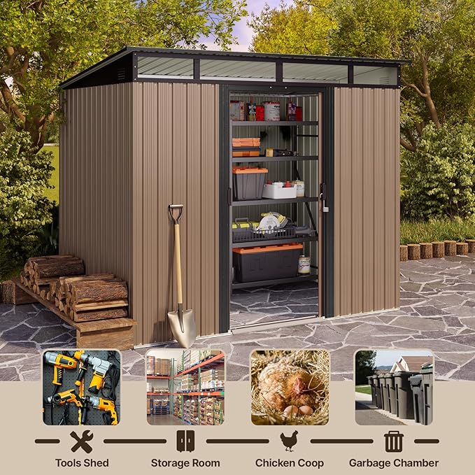Gizoon 7.4'x5.3' Outdoor Storage Shed Metal Garden Shed with Sliding Lockable Doors, Versatile Tool Bike Shed with Transparent Panel Windows, Outdoor Storage Clearance for Backyard, Patio, Light Brown