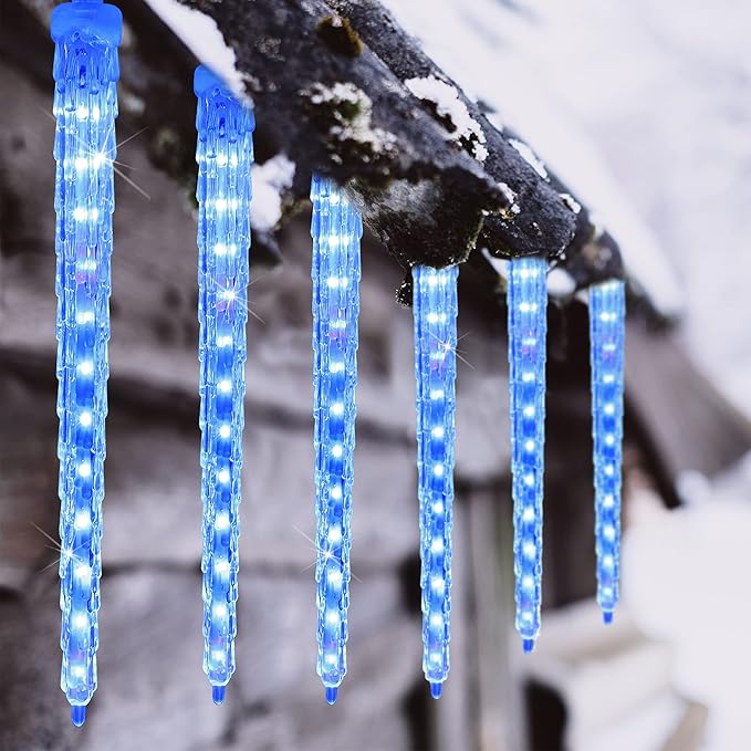 WATERGLIDE Meteor Shower Lights, 12" Outdoor Icicle Christmas Lights 8 Icicles 192 SMD LED Crystal Ice Falling Light, Connectable Raindrop Iciclelight, Xmas Winter Party Tree Holiday Decor, Blue