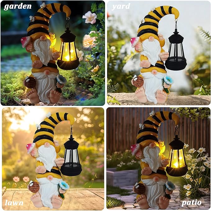 Garden Gnomes Outdoor Statue Solar Bee Garden Gnomes with Led Lantern Outdoor Decor for Yard,Patio,Lawn,Gnome Gifts for Women,Mom,Gnomes Decorations for Yard
