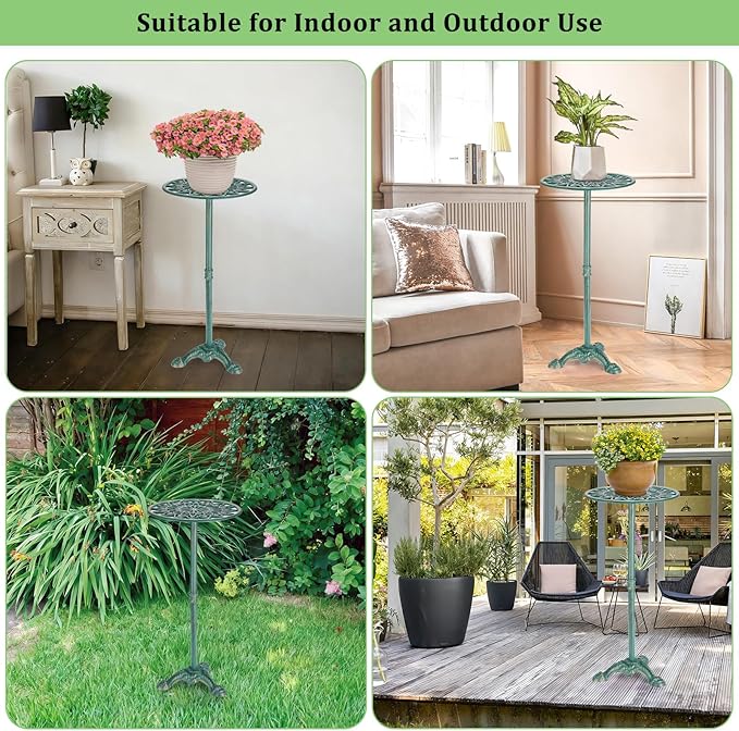 OwnMy Cast Iron Tall Plant Stand Heavy Duty Flower Pot Holder, Decorative Pedestal Potted Plant Rack, Indoor Outdoor Wrought Iron Large Single Plant Stand for Patio Garden Home, Antique Green