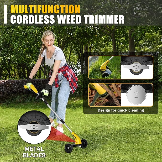 Aokia Weed Wacker Cordless for Lawn: Grass Mower with Roller - 2.0Ah Battery Powered for Hedge Clearance Yard Cutting Tree - String Trimmers for Garden Cutter Handyman Landscaper