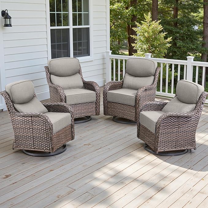 Rilyson 4 Piece Outdoor Patio Swivel Rocker Chairs, Waterproof Wicker, High Back, Deep Seating, Wide Armrest, Upgraded 6 inch Thick Cushions, Ideal for Deck Porch Backyard, Brown/Beige