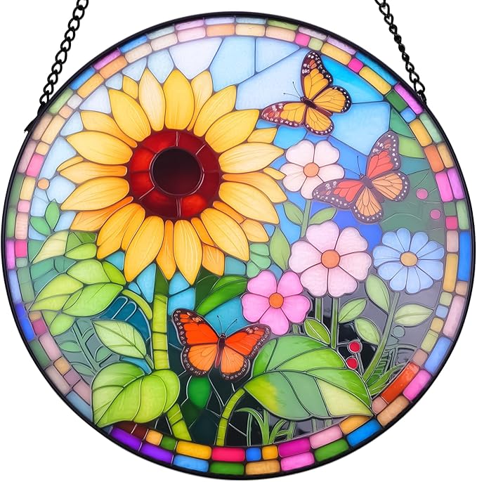 Sunflower Stained Glass Window Hanging Suncatcher – Round Floral Glass Panel for Window, Garden, Wall Decor – Sunflower Gift Suitable for Birthdays and Mother's Day (12 Inch)