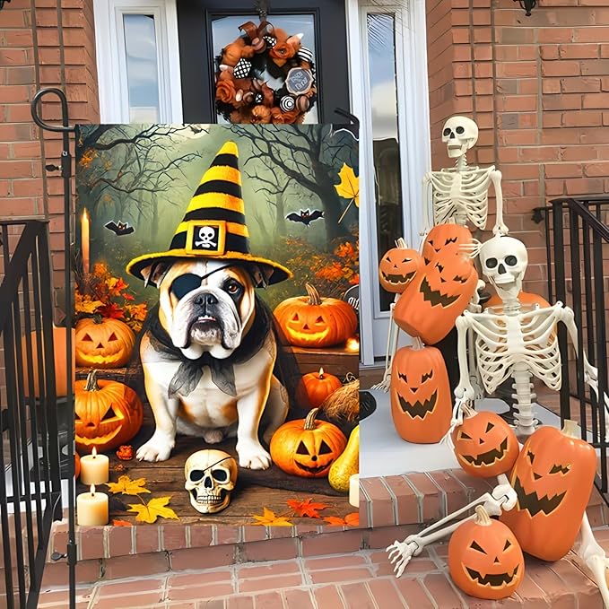Happy Halloween Garden Flag 12x18 Double Sided Bulldog Dog Pumpkin Garden Flag Skull Bats Bulldog with Fall Autumn Witch Hat Decorative Banner Outdoor Flag Décor