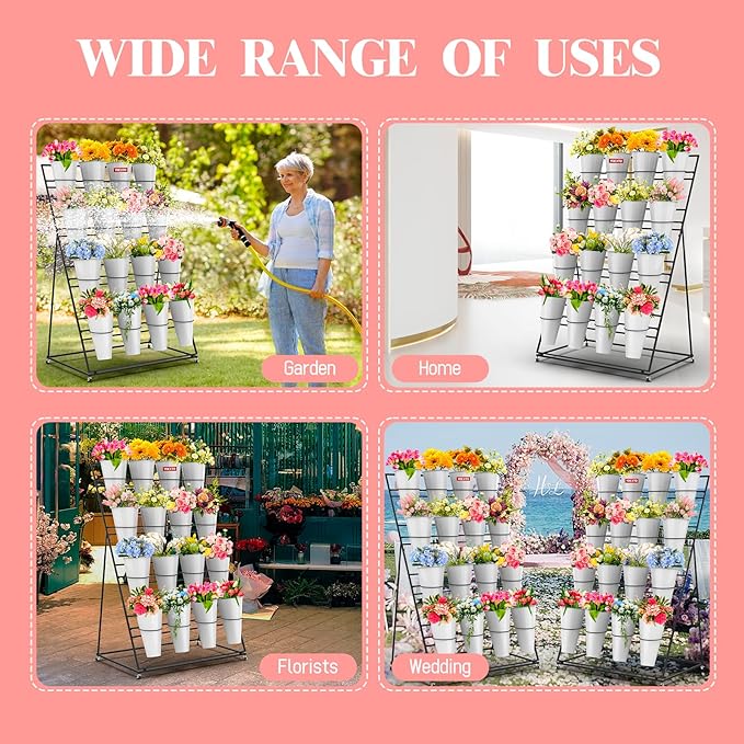 Flower Display Stand with Buckets, 4 Layers 16 PCS Plant Stand with Wheels, Movable Metal Plant Stand for Terrace Garden, Living Room, Florist Shop (Black Frame - White Buckets, 4-Tier)