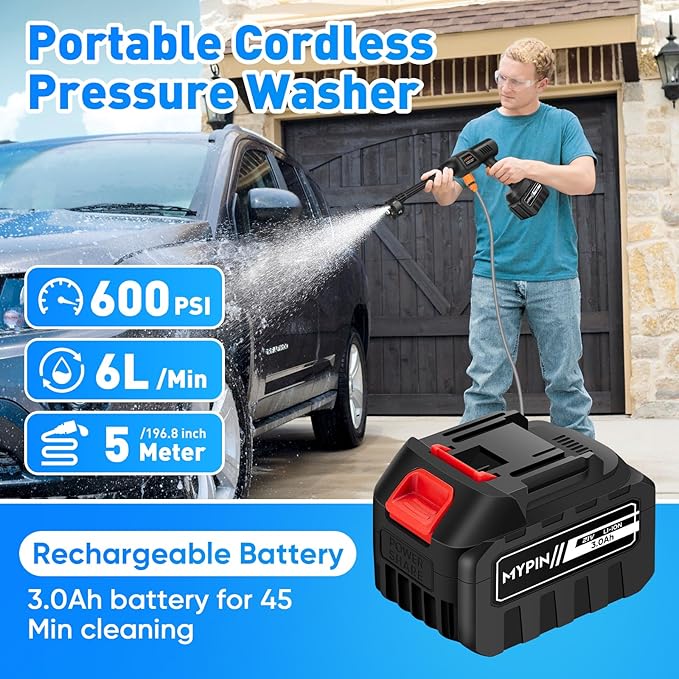Portable Cordless Pressure Washer, 600 PSI 3.0Ah Rechargeable Battery Powered Pressure Washer, 6-in-1 Nozzle with Standard Nozzle for Car Floor Wall Fence Cleaning, Pet Cleaning