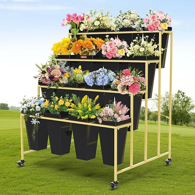 4 Layers Flower Display Stand with Buckets, 16 PCS Buckets Plant Stand with Wheels, Movable Metal Plant Stand for Terrace Garden, Living Room, Florist Shop