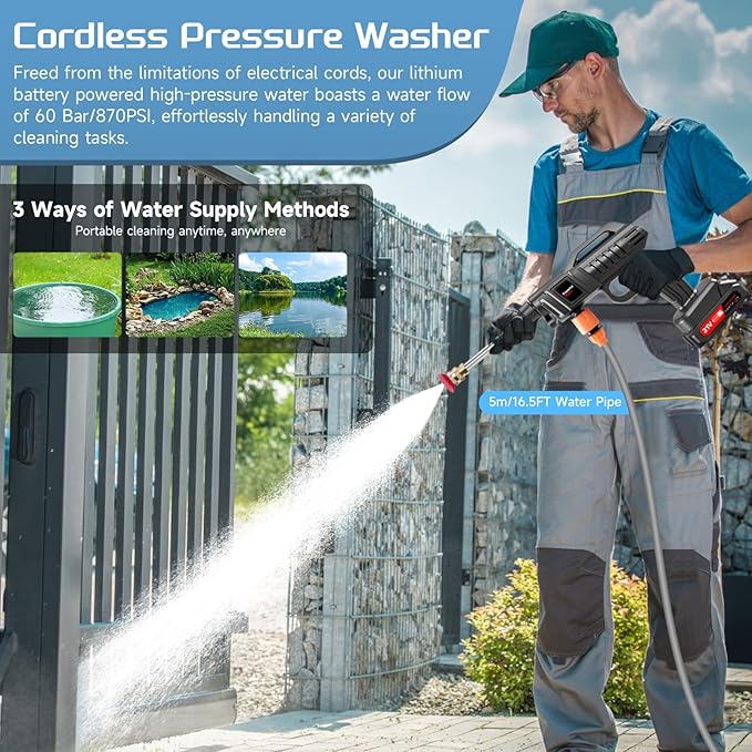 Cordless Pressure Washer Battery Operated, 60Bar/870 PSI Electric Pressure Washer,1500W Portable Battery Power Washer, Handheld High Pressure washers with Nozzles, 2 Battery, 5m Hose for Car/Garden