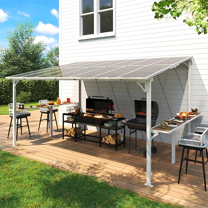 MEISSALIVVE 10' x 14' Wall Mounted Gazebo, Outdoor BBQ Grill Gazebo with Side Shelf, Lean to Metal Awnings with Sloped Roof, Heavy Duty Pergola for Backyard, Deck, White