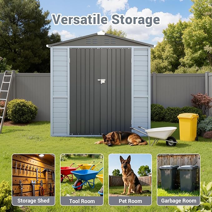 Galvanized Steel Frame & Solid Cedar Wood Wall Shed | 4x6ft Outdoor Storage Shed with 9-Level Wind Resistance & 10-Grade Waterproof Roof, Lockable Double Doors & 2 Windows for Garden Patio
