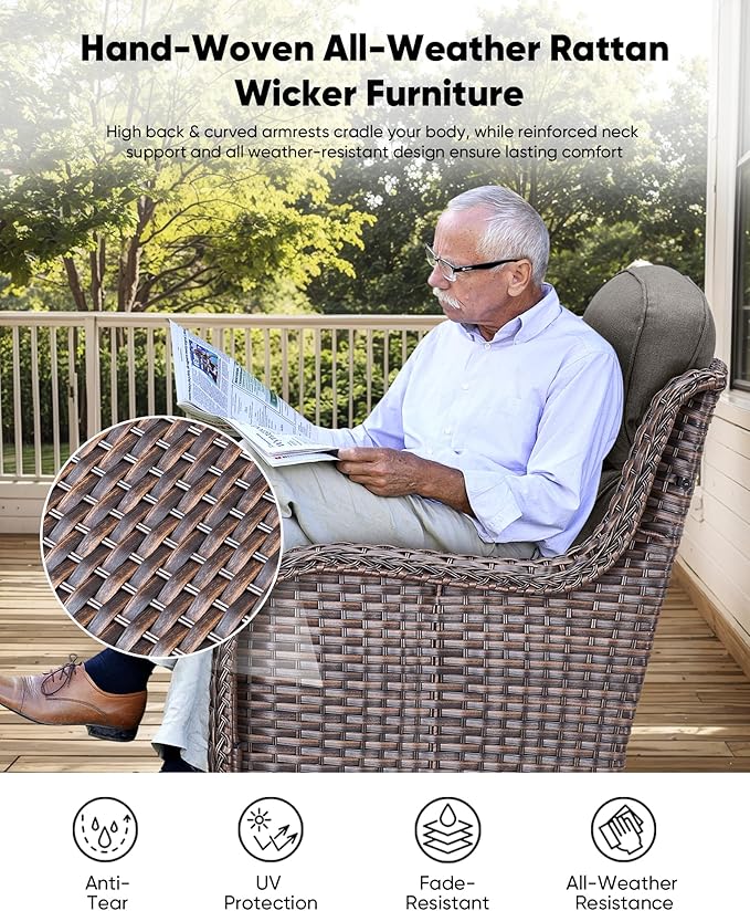 HUMMUH 3-Piece Swivel Rocking Rattan Chair Outdoor, Patio Bistro Furniture Conversation Set,Cushioned Wicker Chair with Glass Coffee Table(Brown, Grey)