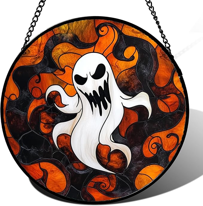Stained Glass Window Hanging - Halloween White Ghost Suncatcher for Doors Window Garden Indoor Spooky Funny Orange Sun Catchers Gothic Decor Horror Gifts for Women Men Friend 6.3 in