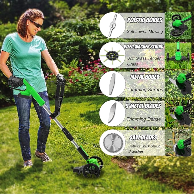 Electric Weed Wacker Battery Powered, Cordless Weed Trimmer with 21V Battery Operated & Charger & Wheels & 25 Blades, No-String Brush Cutter/Lawn Edger/Grass Trimmer for Garden Yard