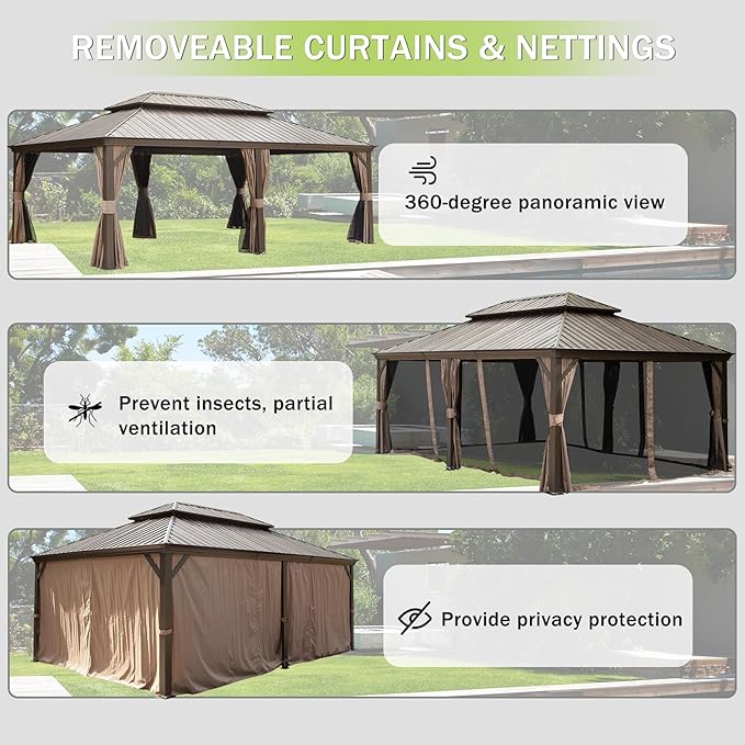 Domi 12x20FT Outdoor Gazebo, Hardtop Gazebo with Galvanized Steel Double Roof, Metal Gazebos with Drainage System Patio Pergola for Patio Deck Backyard,Curtain and Netting,Brown