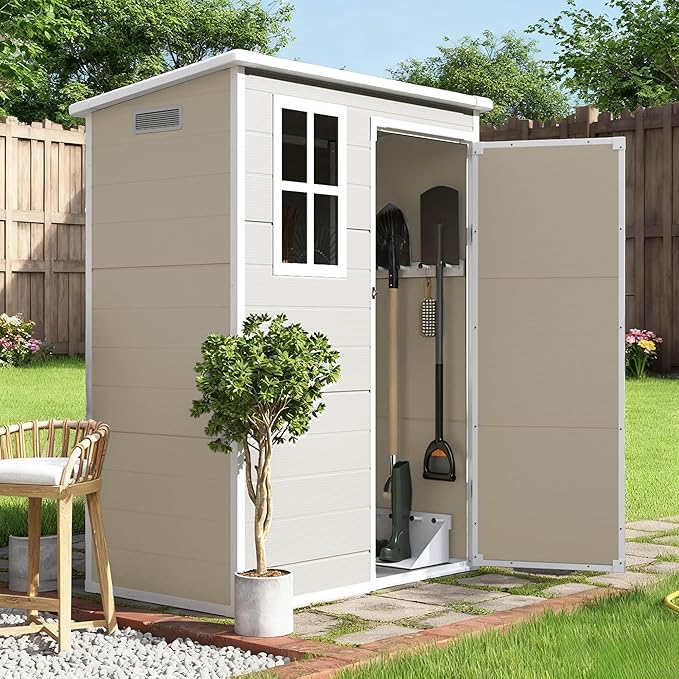 Outdoor Shed 5x3/6x4/7x7/8x6/8x10/8x12 FT, 15MM Thick PP Resin Plastic Shed with Lockable Door & Floor - Waterproof Plastic Tool Shed for Bike, Garbage Can, Backyard, Patio ﻿ ﻿ (Light Brown, 5X3FT)