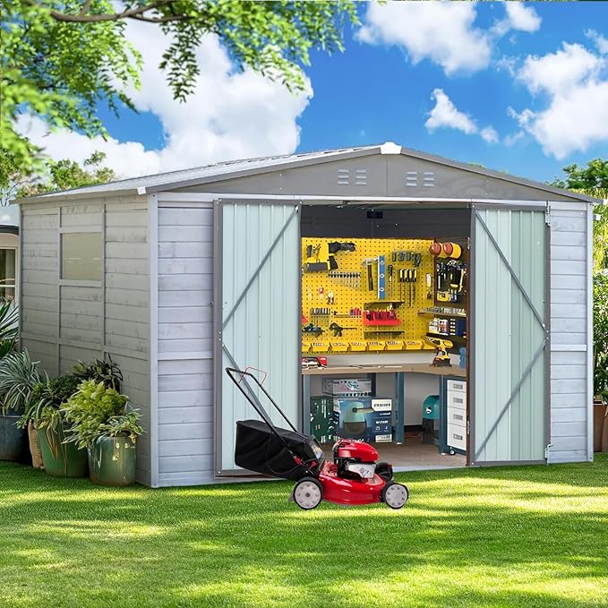 10x8 FT Wood Storage Shed, Large Outdoor Storage Shed with Lockable Door, Window and Vents,Outside Waterproof Wooden Metal Tool Storage for Garden, Patio, Lawn, Backyard (Gray)