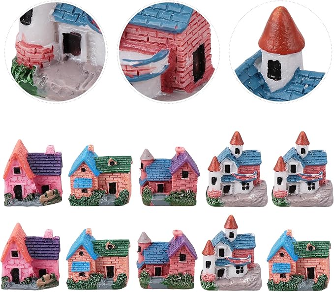 10Pcs Miniature Fairy Garden Resin Houses, Lifelike Village Cottage Figurines for Succulent Plants, Bonsai, Micro Landscape, and Home Decor