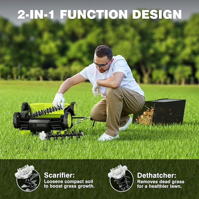 16-Inch Electric Dethatcher and Scarifier, YERYORK 2-in-1 Scarifier and Lawn Dethatcher with Powerful 15.5 AMP Motor 14.5Gal Collection Bag 5-Position Depth Foldable Handle for Lawns(Dark Green)