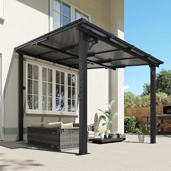 Aoxun 8' x 10' Gazebo for Patio, Gazebo Pergola with Sloped Roof, Large Wall-Mounted Heavy Duty Awnings, for Backyard, Deck, Patio (Gray Polycarbonate Panel)