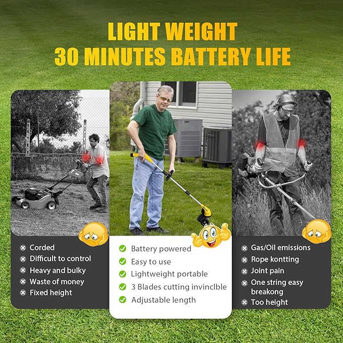 Aokia Weed Wacker Cordless for Lawn: Grass Mower with Roller - 2.0Ah Battery Powered for Hedge Clearance Yard Cutting Tree - String Trimmers for Garden Cutter Handyman Landscaper