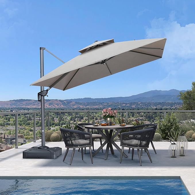 PURPLE LEAF 10 Feet Sunbrella Cantilever Umbrella Outdoor Double Top Deluxe Square Patio Offset Hanging Square Umbrella for Garden Pool Backyard Cast Ash