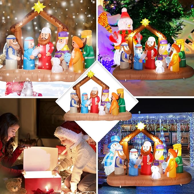 VCUTEKA Christmas Inflatables Outdoor Decorations, 7FT Inflatable Nativity Scene Manger Set with Sheep Stable Jesus Blow Up Built-in LED Lights for Holiday Yard Garden Lawn Xmas Decor