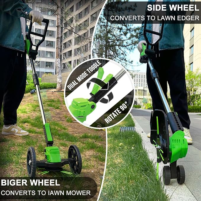 Cordless Weed Wacker Eater Battery Powered, 21V Lightweight Electric Weed Trimmer with 2 Battery Operated & Charger& Wheels & Shears, No-String Grass Trimmer/Brush Cutter/Lawn Edger for Yard Garden