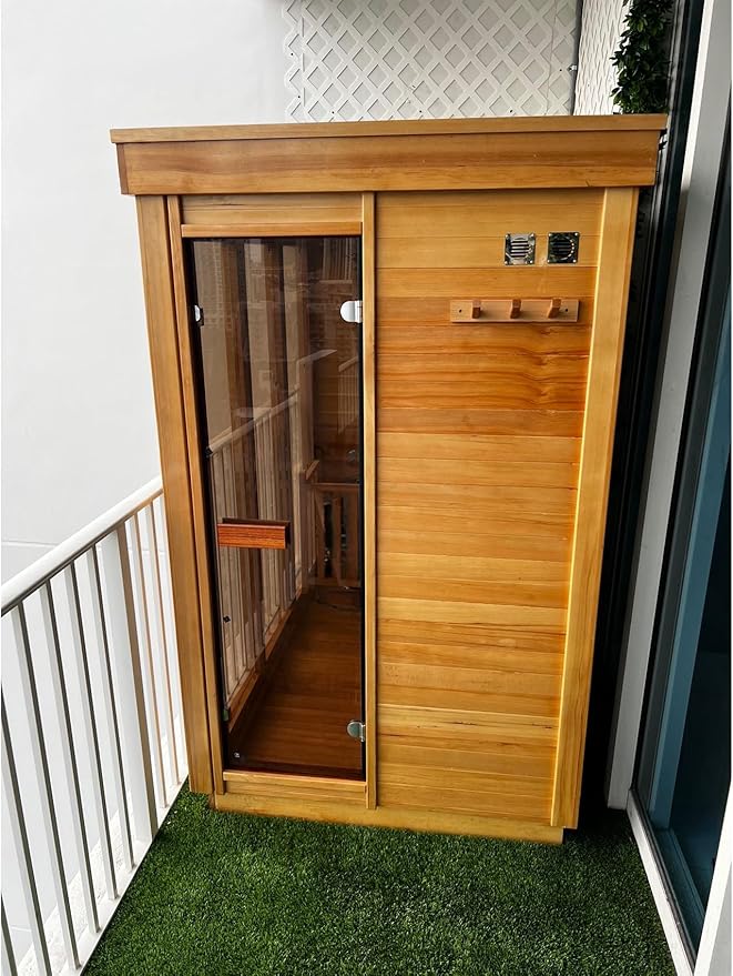 Outdoor Corner Steam Sauna, Canadian Hemlock Saunas 3-4 Person, 6KW ETL Toule Heater, 220V,Broad Bench, Glass Wall Sauna, Waterproof System, Asphalt Shingles,Right Door(0-195℉)