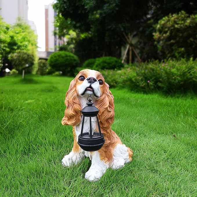 Cavalier King Charles Spaniel Statue Outdoor Decorations – Dog Statues Outdoor Blenheim Cavalier King Charles Spaniel with Replaceable Solar Light & Welcome Sign for Lawn Décor