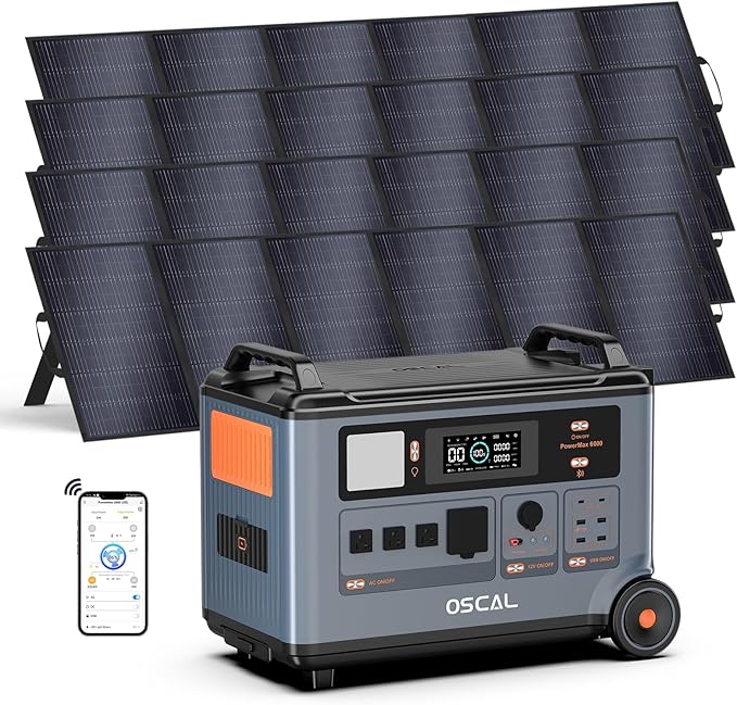 OSCAL PowerMax 6000 Solar Generator with 4x500W Solar Panels, 120/240V Split Phase Voltage 6000W AC Outlets (7200W Peak), 3600Wh Power Station Expandable to 57.6kWh, Emergency for Home