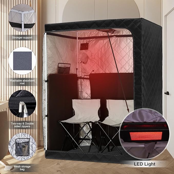 2 Person Portable Full Spectrum Infrared Sauna, Full Size Large Space Spa Tent with Remote Control,1600W Fast Heating, Foldable Chairs & LED Therapy Light, Home Spa for Relaxation (47.2"x35.4"x63")