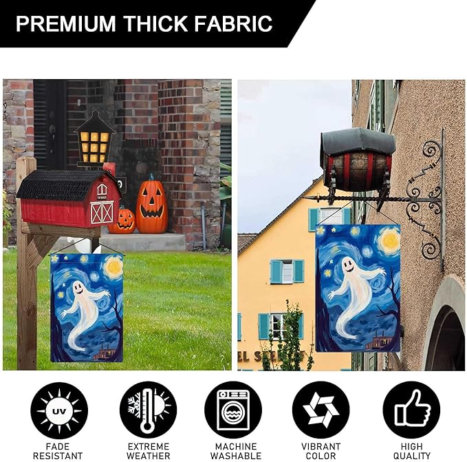 Starry Night Ghost Garden Flag Halloween Holiday Garden Flag Vertical Double Sided Rustic Farmland Burlap Yard Lawn Outdoor Decor 12.5x18"