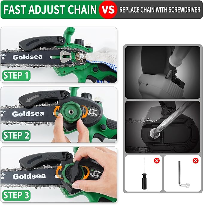 Mini Electric Chainsaw 6 inch, Goldsea Cordless Chainsaw with 2 Rechargeable Battery 21v and chains, Small Powered Handheld Chain Saws for Gardening Wood/Tree Cutting Branches