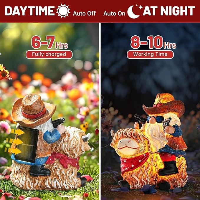 Solar Highland Cow Gnome Statue - Hand-Painted Resin Outdoor Decor for Garden & Yard, Unique Mothers Day Birthday Gifts for Grandma Women (Weatherproof)