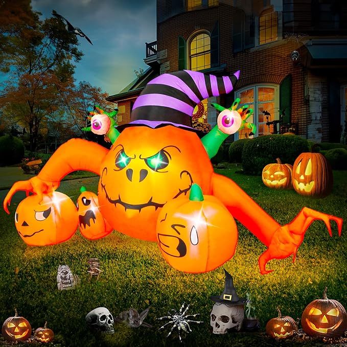 8FT Pumpkin Halloween Inflatables Outdoor Decoration with 7 LED Lights Built-in, Pumpkin Combo with Wizard Hat and Scary Hands, Blow Up Halloween Decor for Outside Yard Patio Lawn