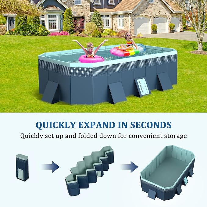 Foldable Pool, Non-Inflatable Swimming Pool for Kids, Adults and Pets, Hard Plastic Shell, Portable Above Ground for Outdoor, Garden, Kid Pool for Backyard (113'' x 66'' x 20'')