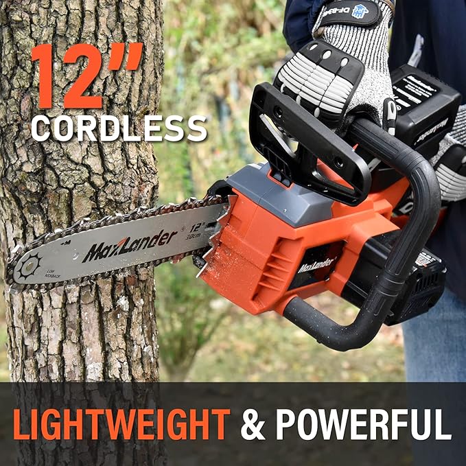 12-Inch Cordless Battery Operated Chainsaw with 1x4.0Ah Battery&Charger, MAXLANDER 20V Electric Chainsaw with Auto-Tension & Auto-Lubrication, Lightweight Handheld for Wood Cutting & Trimming