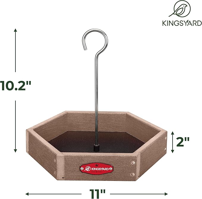 Kingsyard Heavy Duty Hanging Platform Bird Feeder Weatherproof, Recycled Plastic Tray with Metal Mesh Screen, Easy Clean Outdoor Feeder for Cardinals Bluebirds Wild Birds, Brown