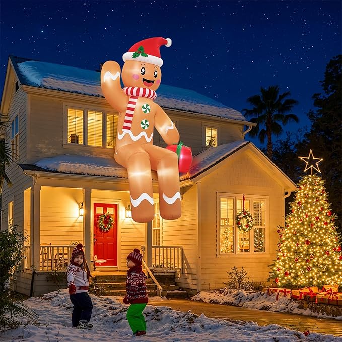 10FT Christmas Inflatable Outdoor Decoration, Sitting Waving Gingerbread Inflatables Outdoor Decorations with Built-in LEDs, Gingerbread Blow Up Yard Decorations for Xmas Party Holiday Decor