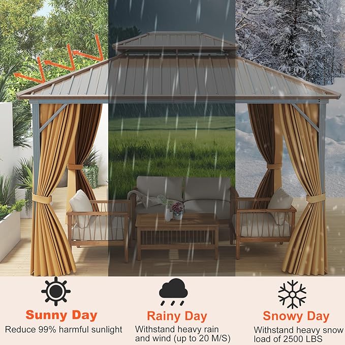 Tangkula 10x12 FT Hardtop Gazebo, Permanent Pavilion Shelter with Netting & Curtain, Heavy-Duty Double Galvanized Metal Roof, Aluminum Frame, Outdoor Gazebo for Patio Garden Deck Lawn Backyard